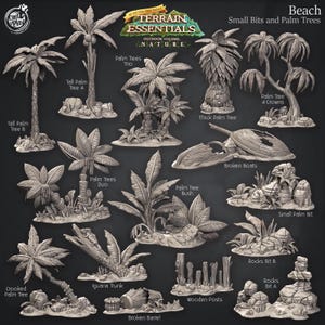 Op de afbeelding: Een verzameling miniatuur strandterrein-elementen, waaronder palmbomen, gebroken boten, rotsen en houten palen. De set bevat verschillende palmbomen, ideaal voor tabletop gaming of modelbouw. De tekst zegt "Beach Small Bits and Palm Trees".