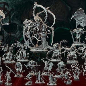 May include: A collection of gray miniature fantasy figures, including winged creatures, monsters, and humanoids. The figures are arranged on a dark green background with a skull design. The text "BLOODRIGHT ANATHEMA" is visible.