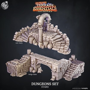 May include: A detailed, light-colored dungeon set with arch stairs and bridge stairs. The set includes stone steps, barrels, and a decorative archway. The text "DUNGEONS SET STAIRS" is visible at the bottom of the image.