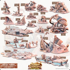 Puede incluir: Una colección de piezas de terreno en miniatura con temática pirata, que incluyen naufragios, barriles, cofres del tesoro y criaturas marinas. Las piezas están diseñadas para juegos de mesa y están hechas de un material de color claro. La imagen incluye el texto "Pirates Harbor Difficult Terrain and Debris."