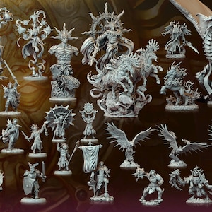 Può includere: Una collezione di figurine in miniatura grigie dettagliate, tra cui creature mitiche, guerrieri e un drago. Le figurine sono disposte su una superficie viola, con il testo "SOLSTICE BRIGHTSOUL ORDER" visibile.