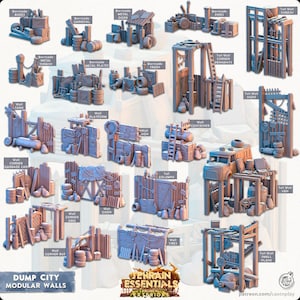 May include: A selection of modular wall and barricade models. The models include boxes, doors, pipes, and trash, with the text "DUMP CITY MODULAR WALLS" and "TERRAIN ESSENTIALS" visible. The models are in shades of blue and brown.