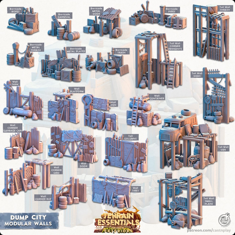 May include: A selection of modular wall and barricade models. The models include boxes, doors, pipes, and trash, with the text "DUMP CITY MODULAR WALLS" and "TERRAIN ESSENTIALS" visible. The models are in shades of blue and brown.