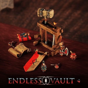 May include: A collection of miniature fantasy game accessories, including a wooden hammer and anvil, a scroll, a banner, and a small axe. The items are arranged on a dark wooden surface. The text "ENDLESS VAULT" is at the bottom.