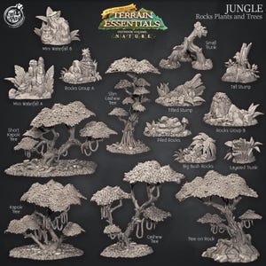 Op de afbeelding: Een verzameling miniatuur jungle-terrein elementen, waaronder bomen, rotsen en watervallen. De stukken zijn in verschillende maten en vormen, met gedetailleerde texturen. De tekst "Terrain Essentials" en "Jungle Rocks Plants and Trees" is zichtbaar.