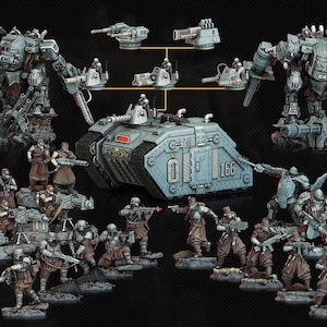 Może przedstawiać: Kolekcja miniaturowych modeli do gier wojennych, w tym roboty, czołgi i żołnierze. Modele są głównie szare i brązowe, z szczegółowymi wzorami. Obraz zawiera tekst "MORIOR INVICTUS" i logo "A GAMES".