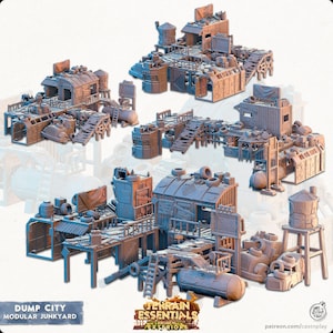 May include: Modular junkyard terrain set featuring multiple buildings, walkways, and structures. The set includes architectural elements like water towers, ladders, and storage tanks. The colour palette is primarily shades of brown and blue, creating a post-apocalyptic aesthetic.