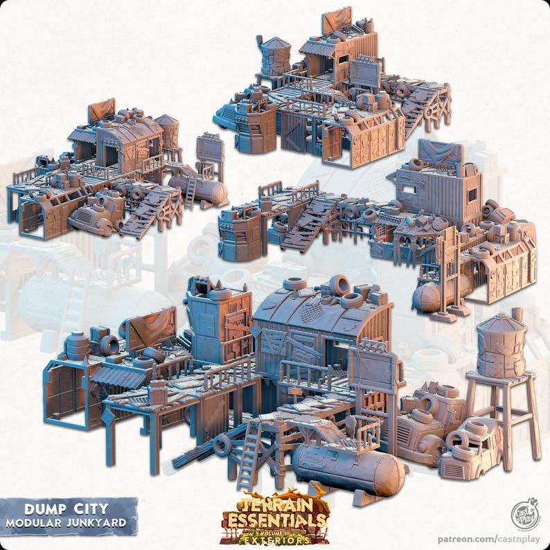 May include: Modular junkyard terrain set featuring multiple buildings, walkways, and structures. The set includes architectural elements like water towers, ladders, and storage tanks. The colour palette is primarily shades of brown and blue, creating a post-apocalyptic aesthetic.