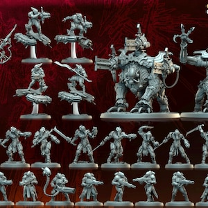 May include: A collection of gray miniature figurines, including large monsters and smaller humanoid figures, arranged on a dark red background. The figurines are detailed and appear to be from a fantasy or sci-fi game.