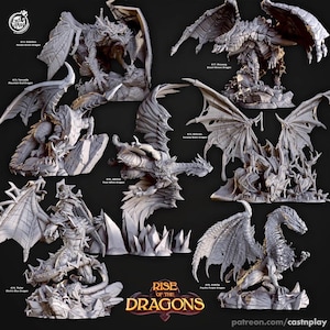 Puede incluir: Una colección de figuras de dragones detalladas en varias poses, con alas extendidas y escamas texturizadas. La imagen presenta múltiples modelos de dragones, cada uno con diseños y bases únicos. El texto "Rise of the Dragons" es visible.