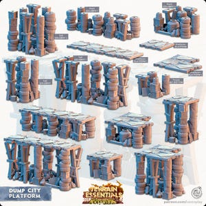 May include: A selection of miniature terrain pieces for tabletop gaming, including columns, platforms, and structures. The pieces are primarily grey and brown, with a weathered appearance. The text "DUMP CITY PLATFORM" is visible.