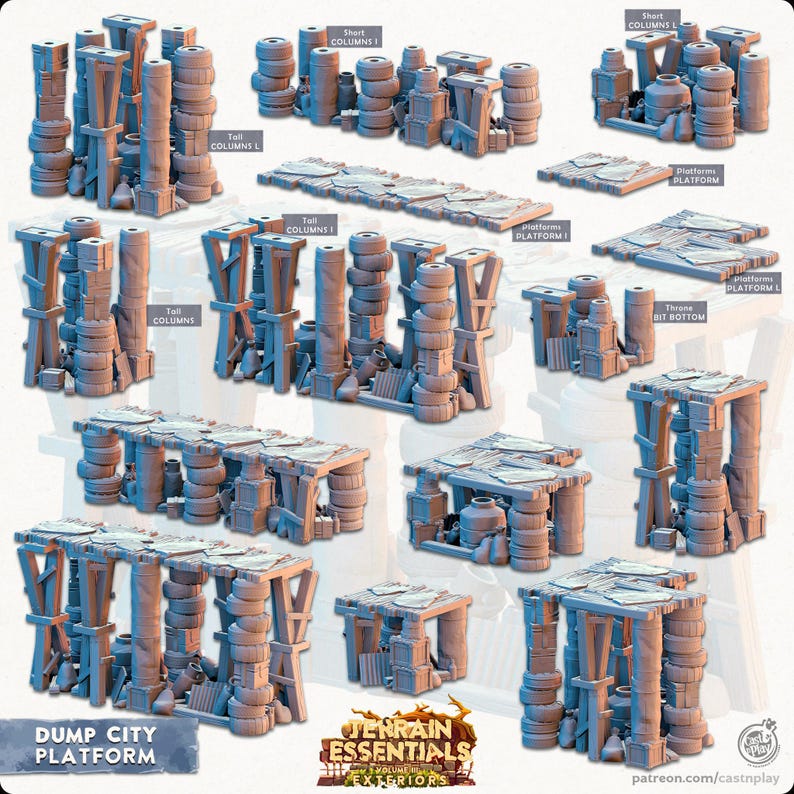 May include: A selection of miniature terrain pieces for tabletop gaming, including columns, platforms, and structures. The pieces are primarily grey and brown, with a weathered appearance. The text "DUMP CITY PLATFORM" is visible.