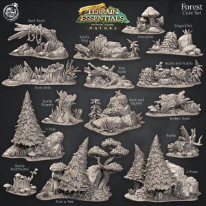 May include: A collection of miniature forest terrain elements, including trees, rocks, stumps, and fallen logs. The set features various designs like a bent trunk, pine trees, and mushroom clusters. The "Terrain Essentials" logo is visible.