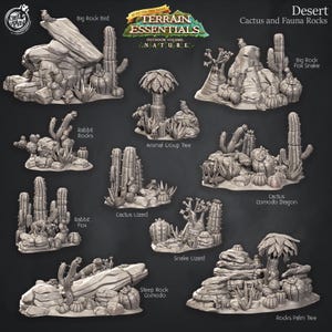 May include: A collection of gray miniature desert terrain pieces, including cacti, rocks, and fauna. The pieces are labeled with names like "Big Rock Bird," "Cactus Lizard," and "Rocks Palm Tree." The "Terrain Essentials" logo is visible.