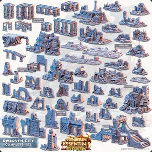 May include: A collection of miniature, light blue, modular terrain pieces for tabletop gaming. Includes platforms, walls, bridges, and structures labeled "Modular Mine," "Debris and Difficult Terrain," and "Furnace." The set is labeled "Dwarven City Complete Set."
