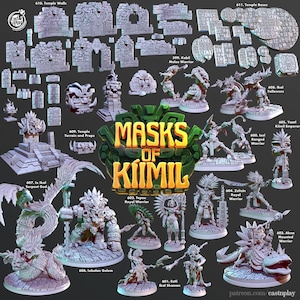 Può includere: Una collezione di miniature e pezzi di terreno per un gioco da tavolo, tra cui mura di templi, guerrieri e creature mitiche. Il logo centrale recita "MASKS OF KIIMIL". Le miniature sono in varie pose e sono di colore grigio chiaro.