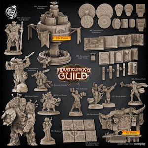 Puede incluir: Colección de figuras en miniatura y elementos de terreno para juegos de mesa, con varios personajes y estructuras de fantasía. El conjunto incluye una barra de gremio, muros, bases y baldosas, con el logotipo "Adventurer's Guild".