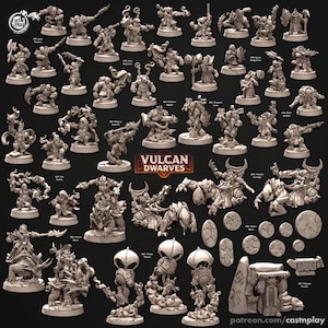 Może przedstawiać: Kolekcja miniaturowych figurek krasnoludów Wulkanów, w różnych pozach i wzorach. Figurki są w neutralnym kolorze, ze skomplikowanymi detalami. Obraz zawiera tekst "Vulcan Dwarves" i logo Cast'n Play.