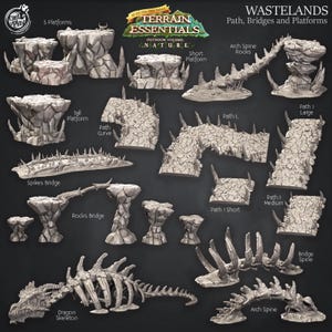 May include: A collection of gray terrain pieces for tabletop gaming, including platforms, bridges, and paths. The set features various designs, such as a dragon skeleton, arch spine rocks, and a spiked bridge. The text "WASTELANDS Path, Bridges and Platforms" is visible.