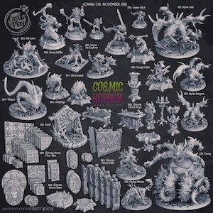 Könnte beinhalten: Werbebild für die "Cosmic Horror Collection" von Cast n Play, mit 3D-druckbaren Miniaturen. Das Bild zeigt verschiedene detaillierte Figuren, darunter Monster, Charaktere und architektonische Elemente. Der Text "COMING ON NOVEMBER 2ND" ist sichtbar.