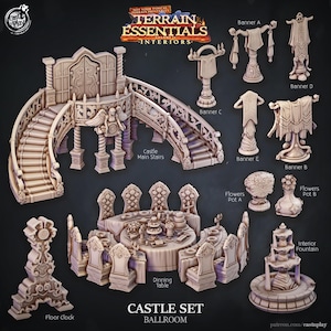 May include: A collection of beige castle interior miniatures, including a grand staircase, dining table with chairs, banners, a floor clock, and a fountain. The set is designed for tabletop gaming and includes the text "CASTLE SET BALLROOM".