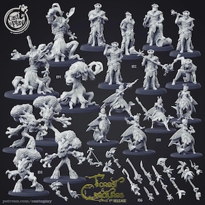 Può includere: Una collezione di miniature stampate in 3D, tra cui creature simili ad alberi, figure della foresta e varie armi. Le miniature sono di colore neutro e sono disposte su una superficie scura. Il testo "Forest Creatures" e "1st Release" è visibile.