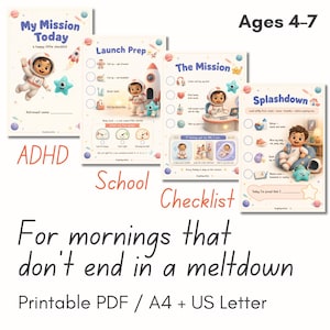 Può includere: Un set di quattro liste di controllo scolastiche stampabili per bambini dai 4 ai 7 anni, progettate per l'ADHD, con illustrazioni a tema astronauta. Le liste includono titoli come "My Mission Today". Il testo recita: "Per mattine che non finiscono in un crollo."