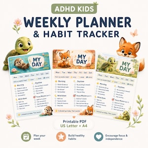 Puede incluir: Planificador semanal y rastreador de hábitos para niños con TDAH con animales de dibujos animados. El planificador incluye secciones para actividades matutinas, diurnas y de relajación. El texto "My Day" se muestra en cada página del planificador.