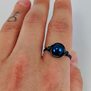 Metallic Blue Ring, Hematite Band Ring, Hematite Jewelry, Blue Pearl, Glass Pearls, Wire Wrap Ring, Wire Ring, Blue Ring, Handmade Ring