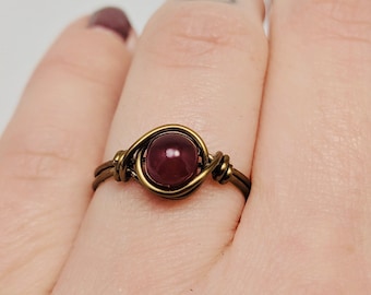 Blood Red Ring, Gothic Jewelry, Ruby Red Ring, Red Glass Jewelry, Gothic Ring, Goth Ring, Antique Brass Ring, Brass Jewelry, Wire Wrap Ring