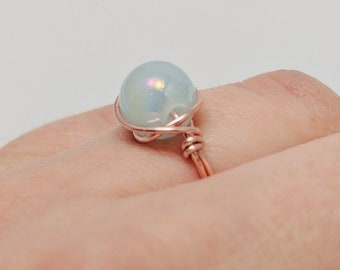 Iridescent Blue Rose Gold Ring, Glass Bead Ring, Holographic Ring, Holographic Blue, Wire Wrap Ring, Rose Gold Ring, Customizable Ring, Blue