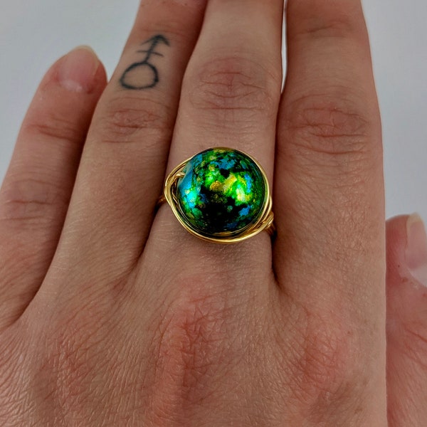 Large Statement Ring, Green Ring, Blue Green Marble, Gold Ring, Customizable Ring, Glass Beads, Green Pearl, Wire Wrapped Jewelry,Large Ring