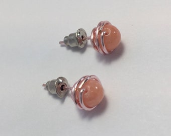 Peach, Stud Earrings, Pink, Coral, Post Earrings, Lightweight Earrings, Everyday Earrings, Handmade Jewelry, Wire Wrap, Wrapped Earring