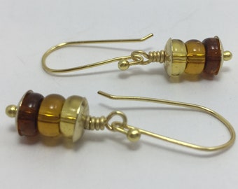 Golden Honey Glass Beads, Minimal Earrings, Gold Earrings, Bee, Bumble Bee, Dangle Earrings, Drop Earrings, Handmade, Wire Wrap, Earrings