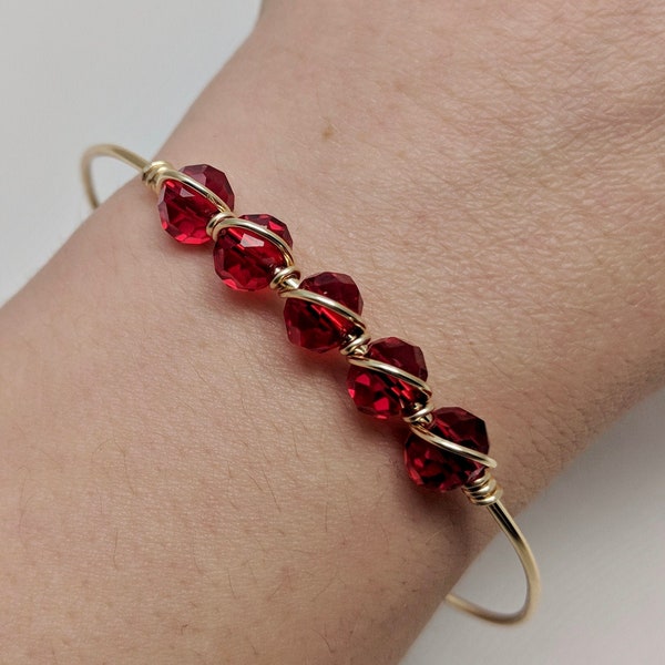 Ruby Red and Gold Bracelet, Blood Red Glass, Faceted Glass Beads, Gold Bracelet, Wire Wrapped, Red Bangle, Customizable Bangle, Gold Bangle