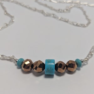 Turquoise and Bronze Curved Bar Layering Necklace, Handmade Sterling Plated Chain, Faceted Glass Beads, Wire Wrapped, Southwestern Inspired