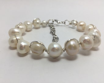 Freshwater Pearl Bracelet, Silver Bracelet, Large Pearl, Wire Wrapped Jewelry, Handmade, Wedding Jewelry, Bridesmaid Gift, Gift for Her