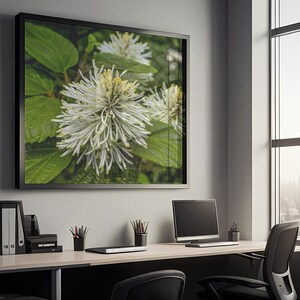Könnte beinhalten: Ein gerahmter Blumendruck mit weißen, stacheligen Blüten mit gelben Zentren und grünen Blättern. Das Kunstwerk hängt über einem Schreibtisch mit Büromaterial, einem Computer und einem schwarzen Stuhl. Ein großes Fenster bietet einen Blick auf die Stadt.