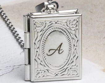 18K Silver Vintage Book Photo Locket Necklace: Personalized Keepsake, Memorial Gifts for Mom