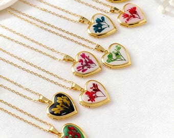Custom Gold Heart Locket Necklace, Real Flower Locket, Forget Me Not Flower Necklace, Photo Keepsake, Gift for Mom, Handmade Jewelry