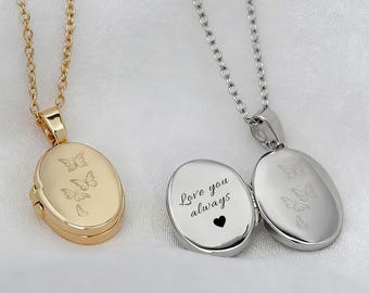 Personalized Butterfly Locket Necklace, Oval Photo Necklace, Keepsake Gift, Birthday Gift for Her, Gift for Mom, New Mom Gifts