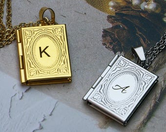 Custom Book Locket Necklace, Locket with Photo, Engraved Necklace for Sister, Initial Necklace, Personalized gift for her, mom grandma gift