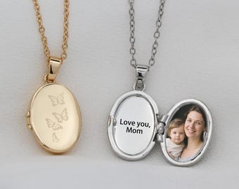Personalized Butterfly Locket Necklace, Oval Photo Necklace, Memorial Jewelry, Birthday gifts for mom, New Mom Gifts