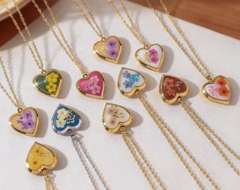 Custom Flower Locket heartshaped necklace, made with real pressed flowers, gift for her, anniversary, birthday, wedding, Holiday gifts