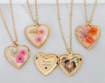 Personalized Flower Locket heartshaped necklace, made with real pressed flowers, gift for her, girlfriend, Lovers, Couple, christmas holiday