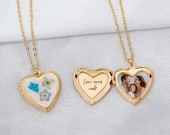 Forget-Me-Not Locket Necklace | Resin Heart, Dried Wildflower Jewelry, Family Photo Necklace, Memorial Gifts for Mom, anniversary gift
