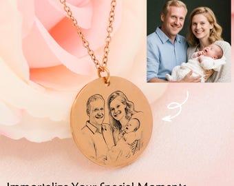 18k Gold Engraving Photo Necklace, Personalized Necklace, Custom Family Portrait Necklace, Memorial Necklace, New Mom Gifts, Gift for Mom