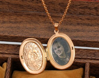 18K Vintage Custom Photo heart Locket Necklace with Photo, Oval Locket Necklace With Photo, Mom Gift From Daughter, Birthday Gift for Mom