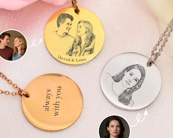 Custom Couple Necklace, Photo Engraved Necklace Sterling Silver,Personalized Picture,Disc Necklace, Girlfriend gift, gift for her
