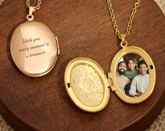 Personalized Locket Necklace with Photo, Engraved Oval Necklace, Family Portrait Necklace, Memorial Jewelry, Gifts for mom, grandma,siblings